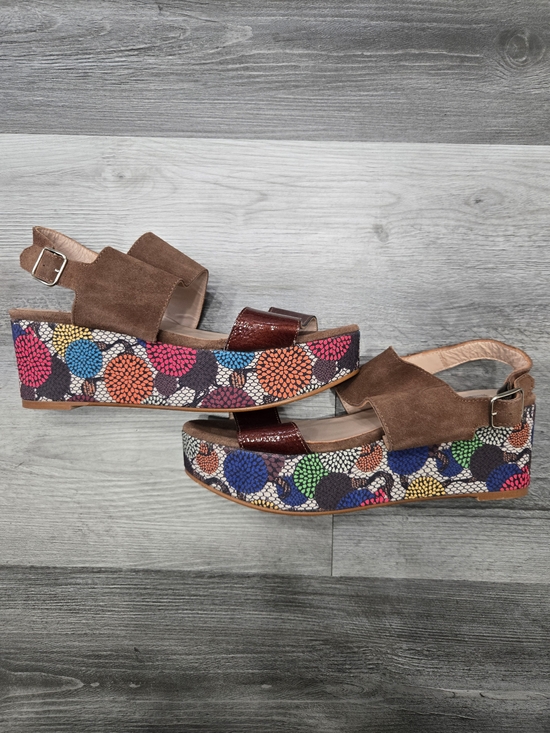 Manas Shoes - Brown Suede Platform Sandals with Colorful Printed Wedge